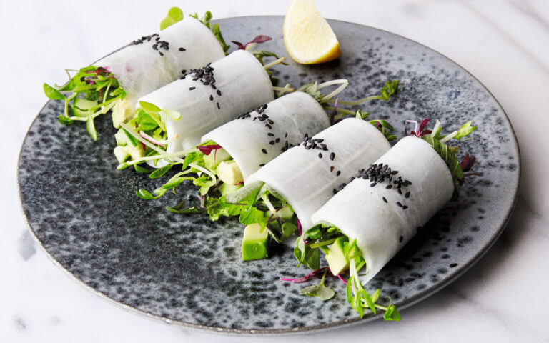 043 daikon rolls with avocado and micro greens